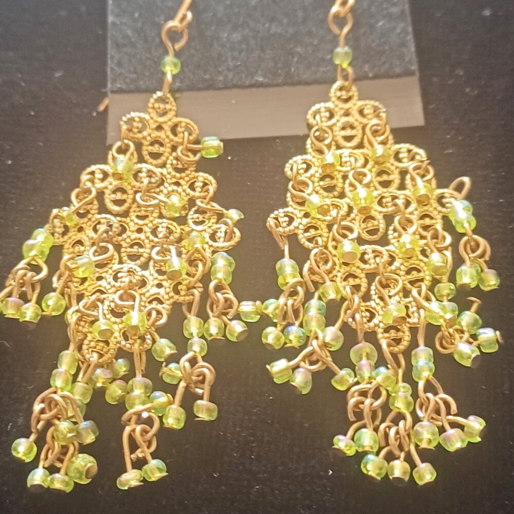 BOHO Gold Tone Earrings with Interlocking & Green Beads